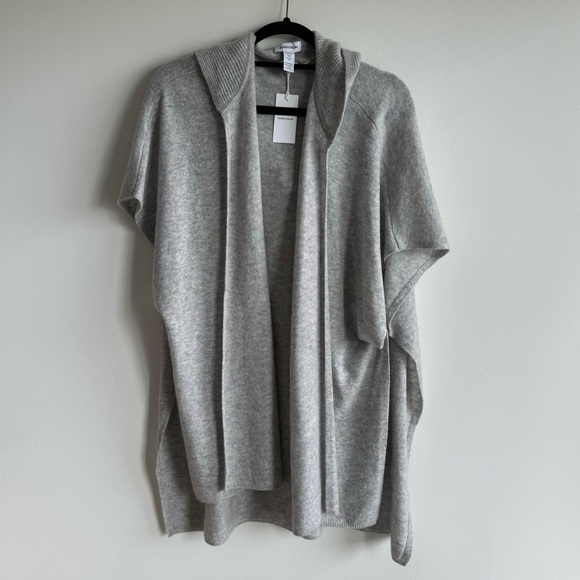 NWT Nordstrom Light Gray Wool & Cashmere Hooded Ribbed Ruana Poncho One Size - Picture 1 of 7